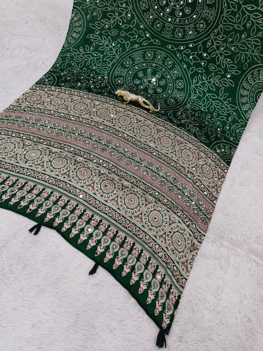 Green Bandhani with Ajrakh Mirrorwork Saree