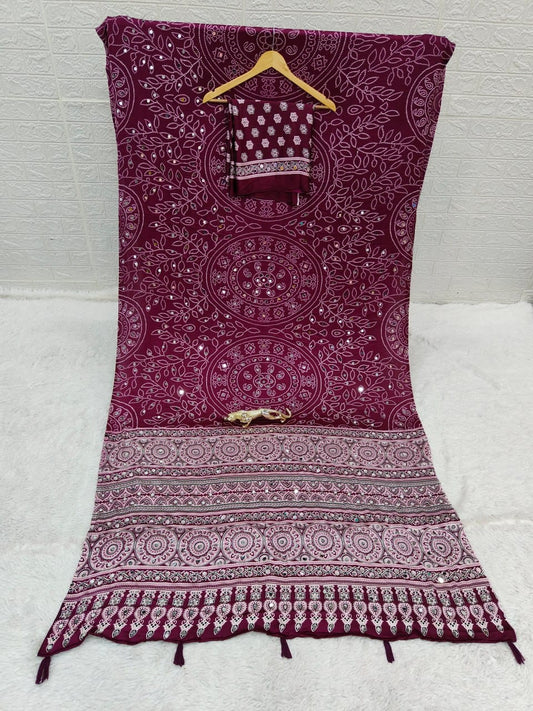 Wine Bandhani Ajrakh Mirrorwork Saree