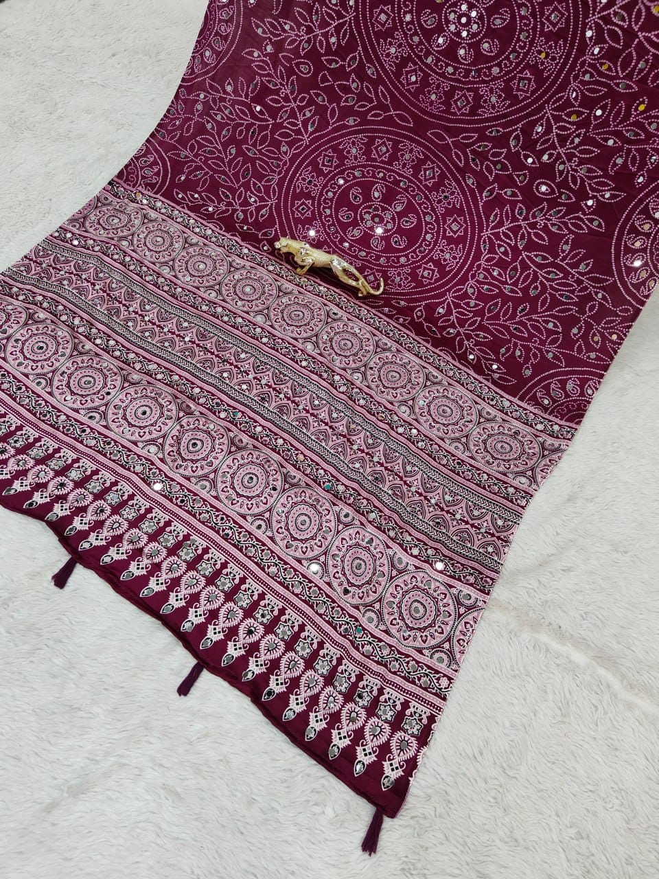 Wine Bandhani Ajrakh Mirrorwork Saree