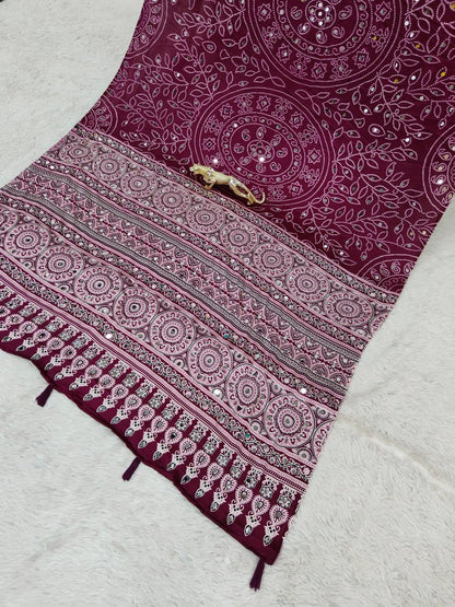 Wine Bandhani Ajrakh Mirrorwork Saree