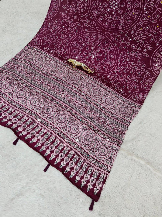 Wine Bandhani Ajrakh Mirrorwork Saree