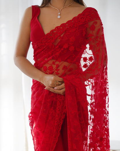 Rich Red Elegant Embroidered Butterfly Net Saree