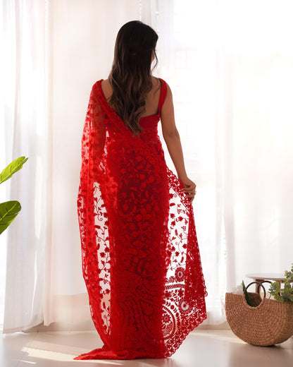 Rich Red Elegant Embroidered Butterfly Net Saree