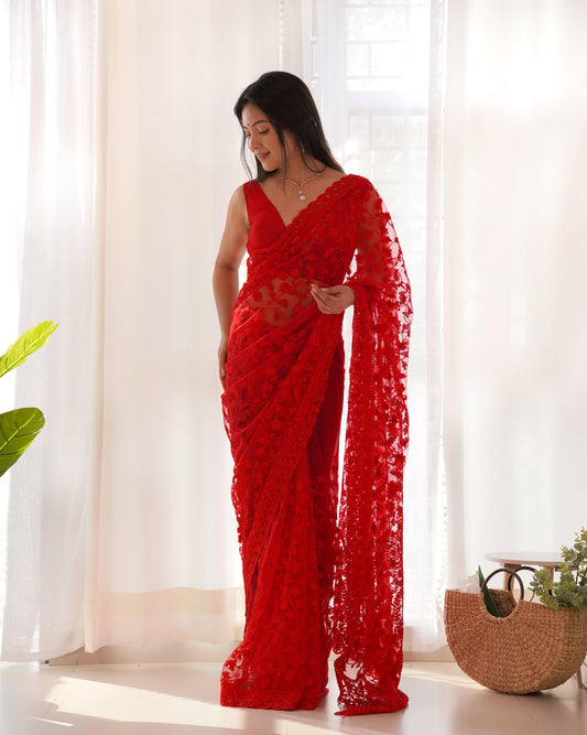 Rich Red Elegant Embroidered Butterfly Net Saree