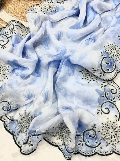 Sky Floral Soft Space Silk Codding and Sequence Work Saree