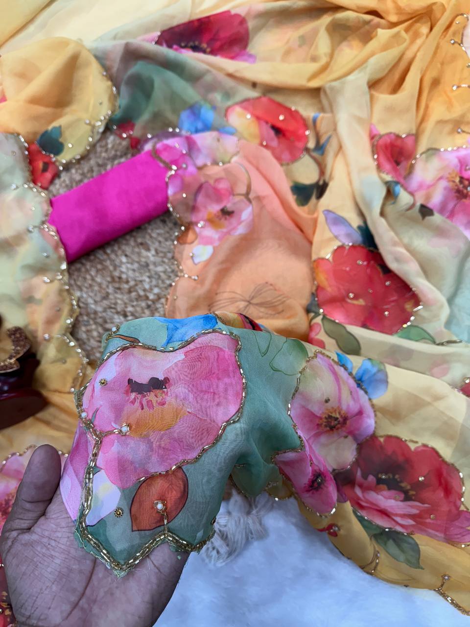 Exclusive Yellow Tabby Organza With Handwork Saree