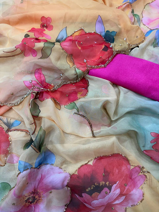 Exclusive Yellow Tabby Organza With Handwork Saree