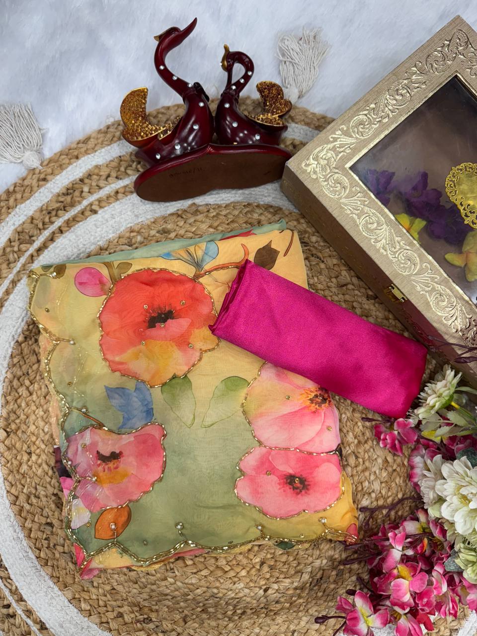 Exclusive Yellow Tabby Organza With Handwork Saree