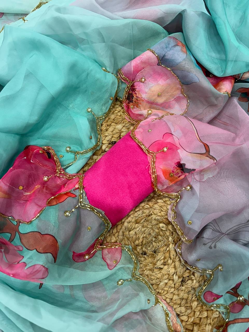 Exclusive Sky Tabby Organza Silk Saree With Handwork