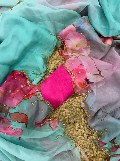 Exclusive Sky Tabby Organza Silk Saree With Handwork