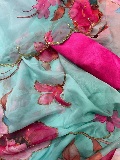 Exclusive Sky Tabby Organza Silk Saree With Handwork