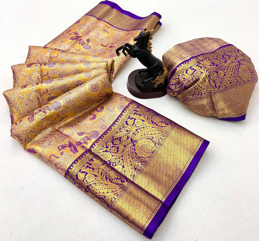 Royal Mustard Yellow and Purple Kanchipuram Soft Silk Saree