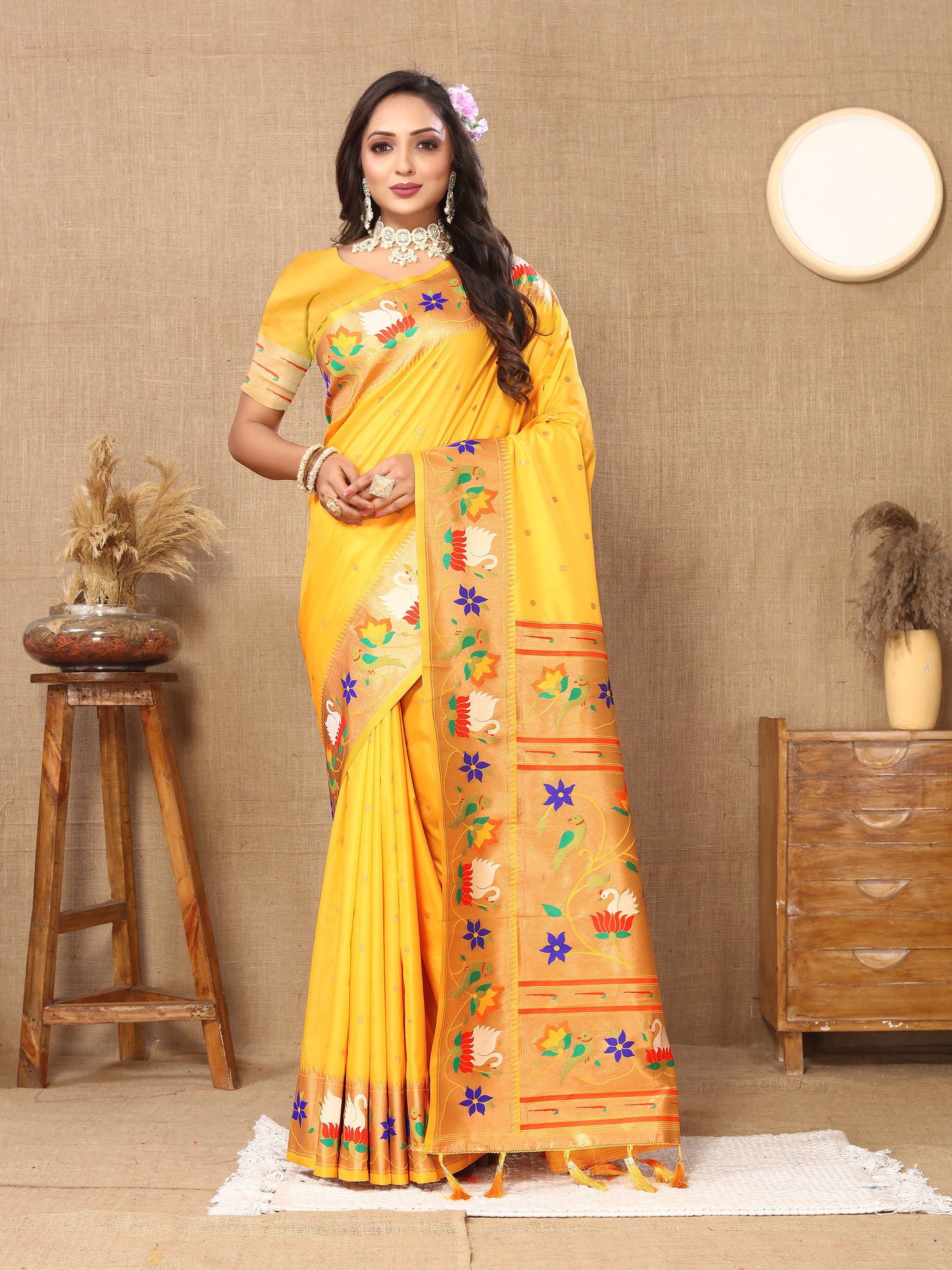 Yellow Yeola Style Rajhans Paithani Saree