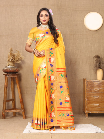 Yellow Yeola Style Rajhans Paithani Saree