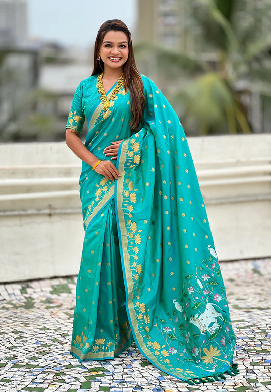 Aqua Blue Zari Woven Pichwai Silk Saree