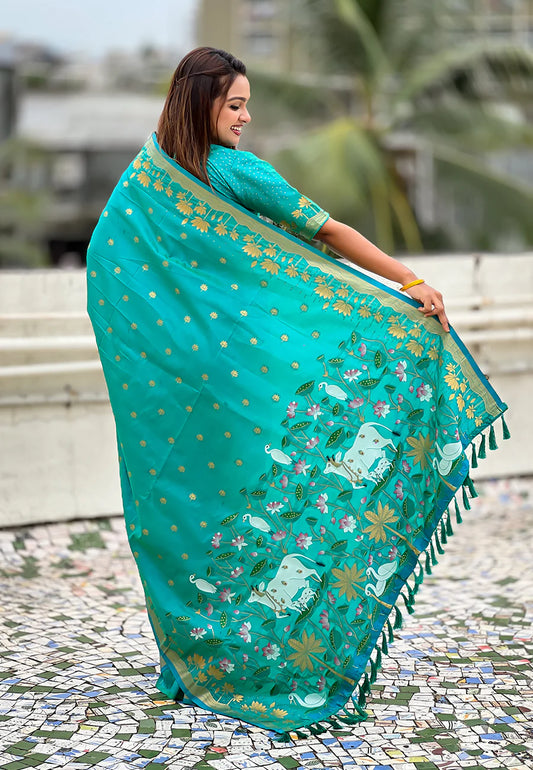 Aqua Blue Zari Woven Pichwai Silk Saree