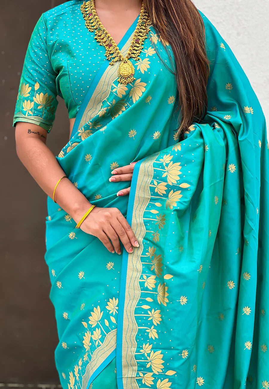 Aqua Blue Zari Woven Pichwai Silk Saree