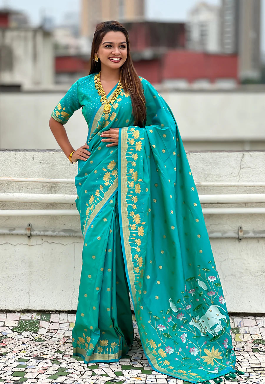 Aqua Blue Zari Woven Pichwai Silk Saree