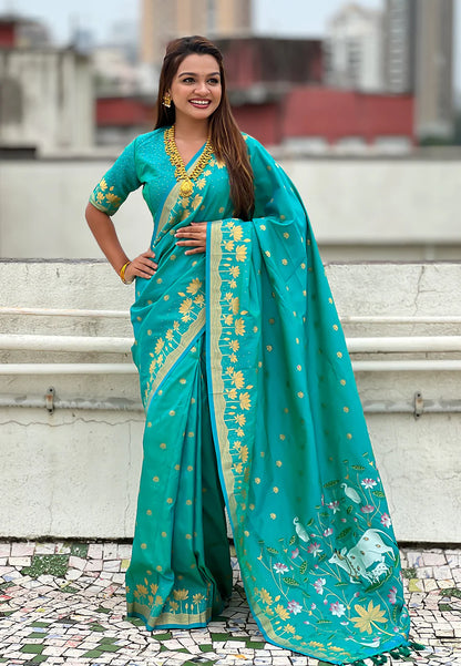 Aqua Blue Zari Woven Pichwai Silk Saree