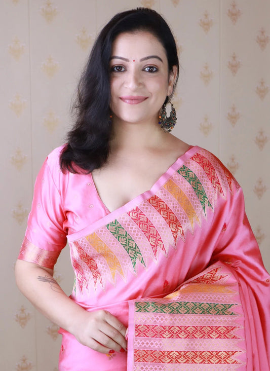 Baby Pink Soft Silk Fancy Border Paithani Saree