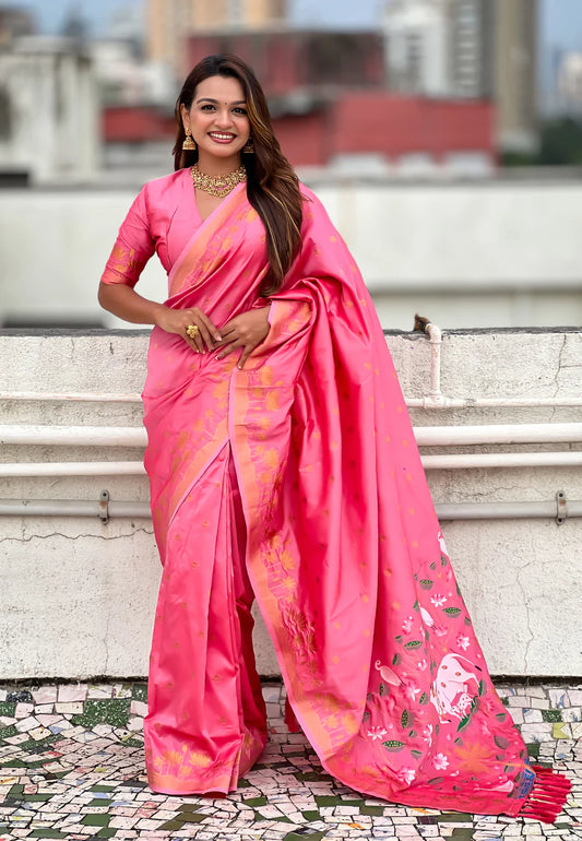 Baby Pink Zari Woven Pichwai Silk Saree