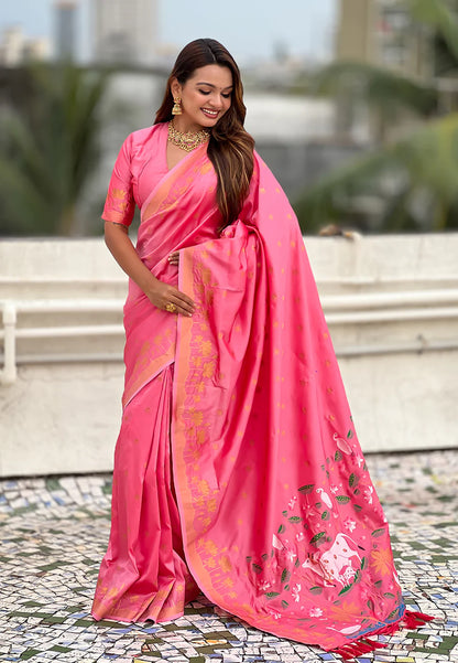Baby Pink Zari Woven Pichwai Silk Saree