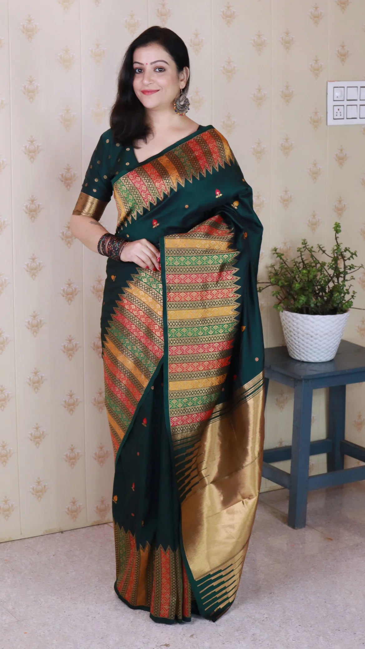 Bottle Green Soft Silk Fancy Border Paithani Saree