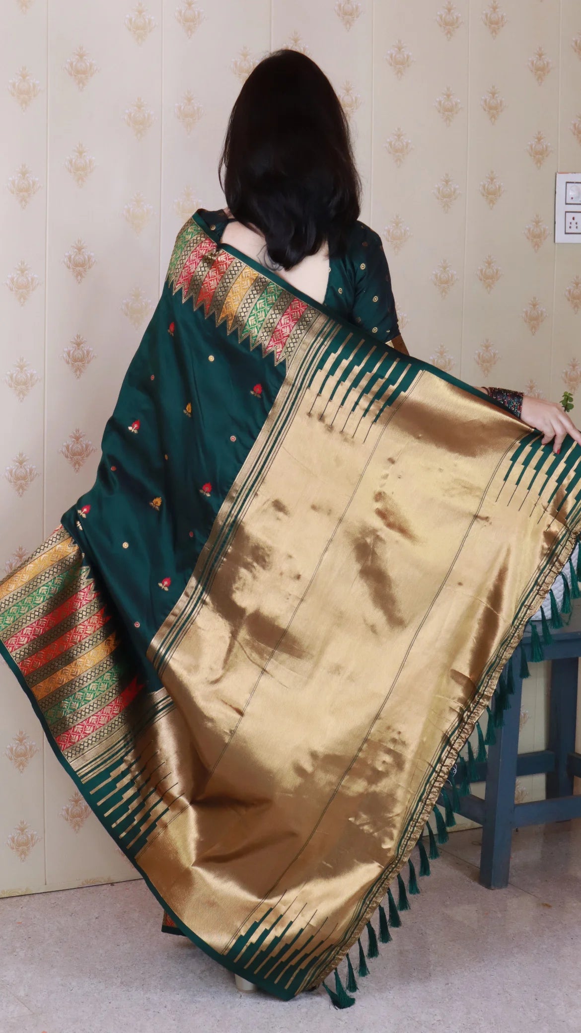 Bottle Green Soft Silk Fancy Border Paithani Saree