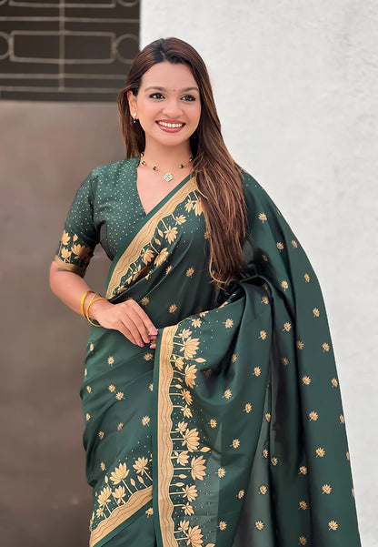 Bottle Green Zari Woven Pichwai Silk Saree