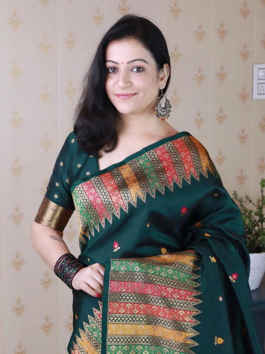 Bottle Green Soft Silk Fancy Border Paithani Saree