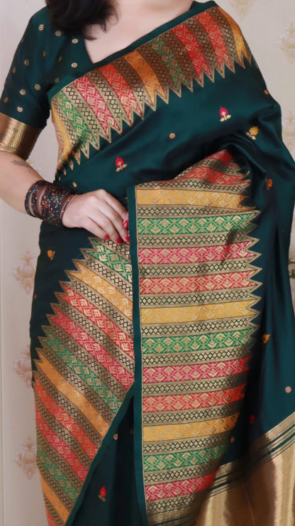 Bottle Green Soft Silk Fancy Border Paithani Saree