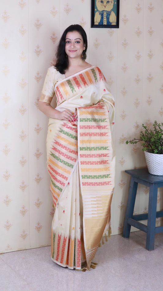 Cream Soft Silk Fancy Border Paithani Saree