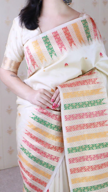 Cream Soft Silk Fancy Border Paithani Saree