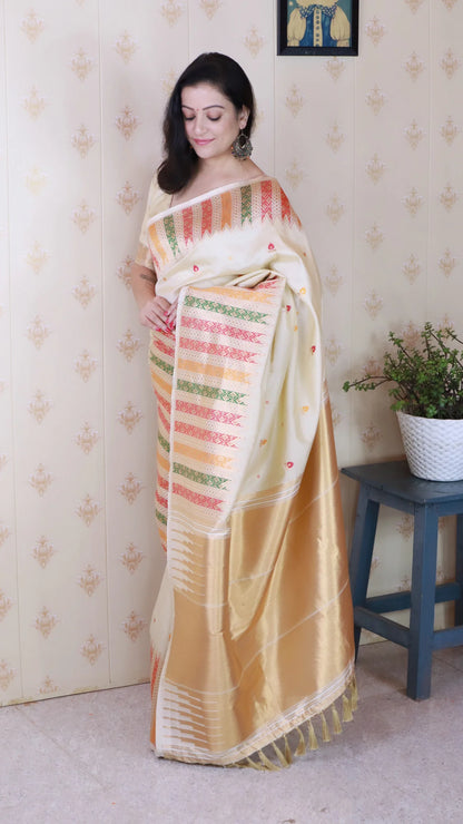 Cream Soft Silk Fancy Border Paithani Saree