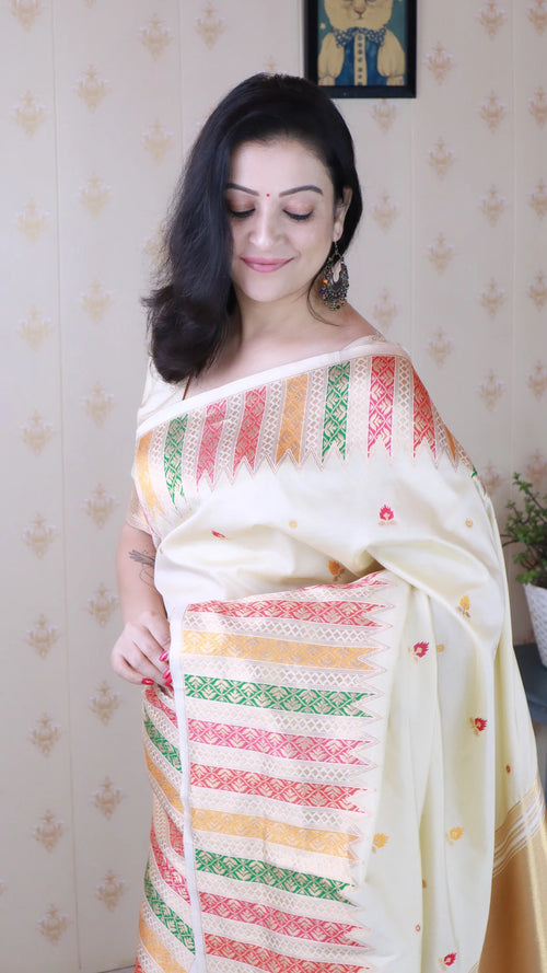 Cream Soft Silk Fancy Border Paithani Saree