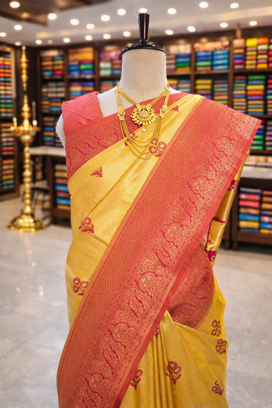 Saundarya Yellow Gold Kanjivaram Tissue Soft Silk Saree