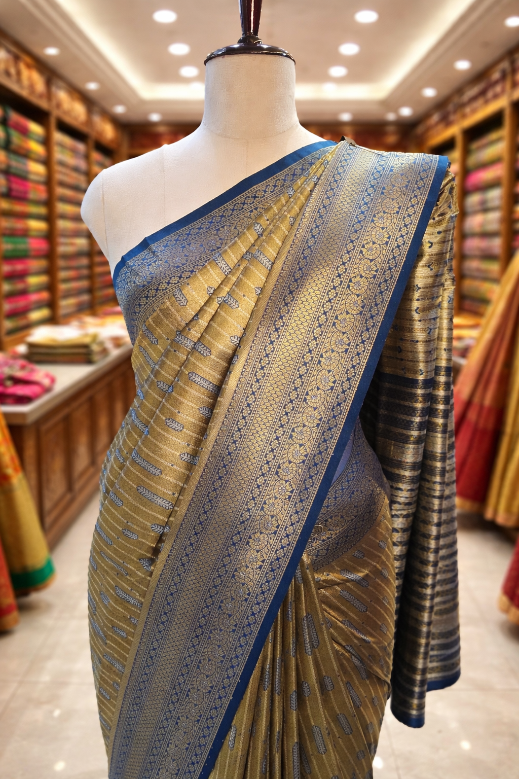 Varnika Antique Gold with Rama Banglori Tissue Soft Silk Saree