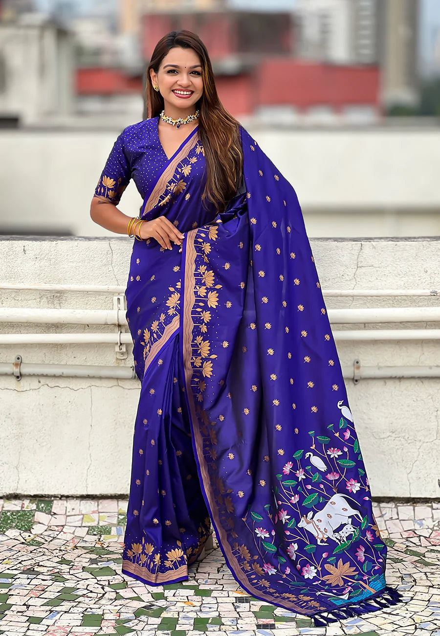 Royal Blue Zari Woven Pichwai Silk Saree