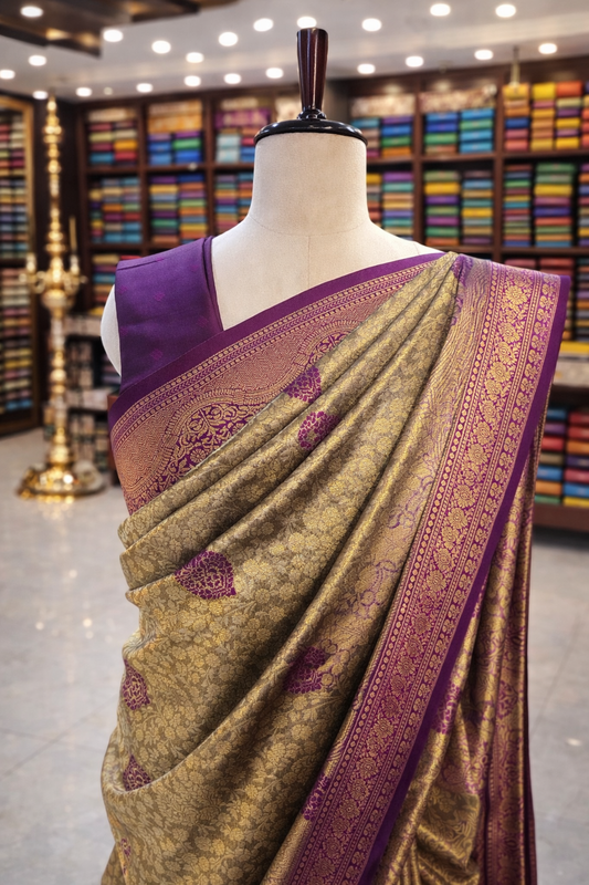 Swarna Antique Gold with Purple Kanjivaram Tissue Soft Silk Saree