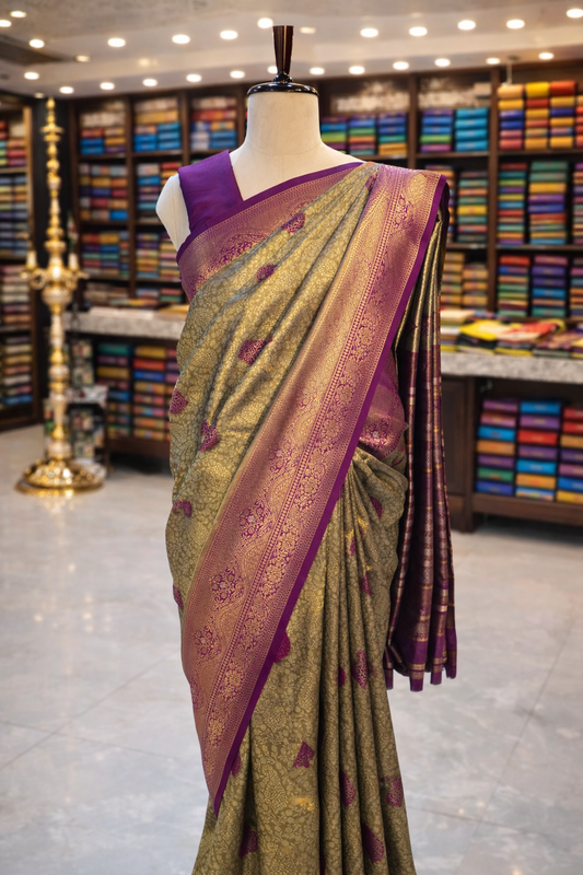 Swarna Antique Gold with Purple Kanjivaram Tissue Soft Silk Saree