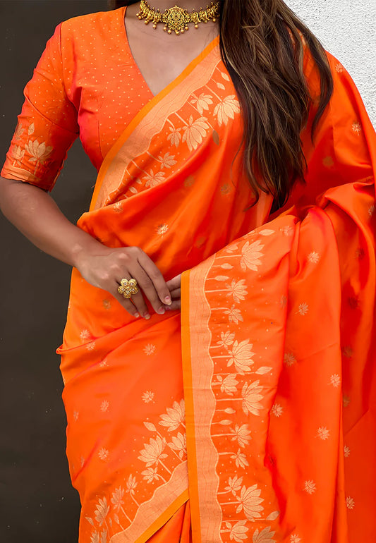 Orange Zari Woven Pichwai Silk Saree