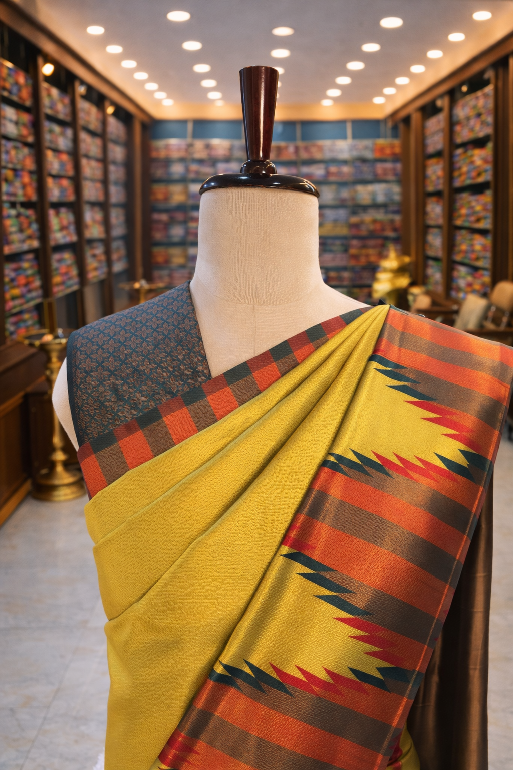 Parrot Green Temple Border Kanjivaram Soft Silk Saree