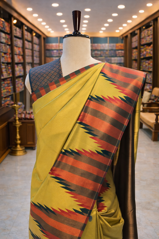 Parrot Green Temple Border Kanjivaram Soft Silk Saree