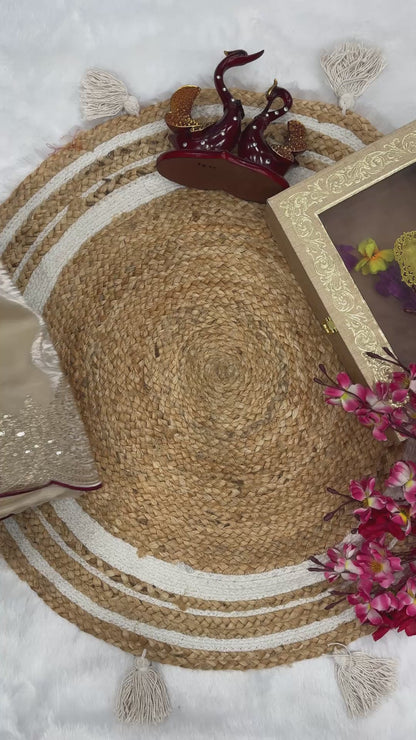 Luxurious Cream Gold Embroidery Sequence work Partywear Saree with Stitched Blouse