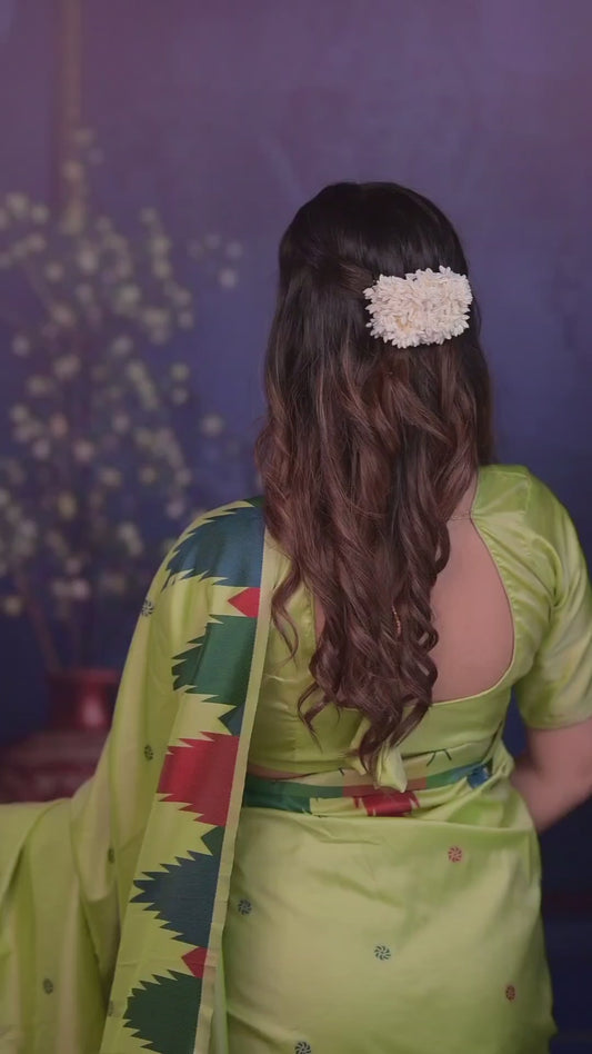 Lime green Temple Border Silk Saree