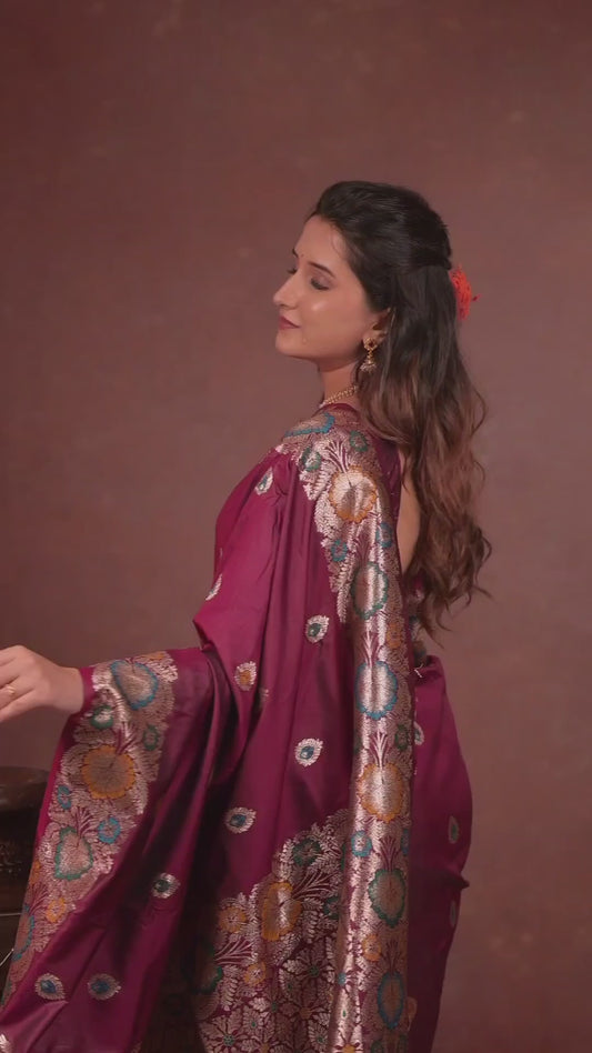 Deep maroon Banarasi Silk Saree