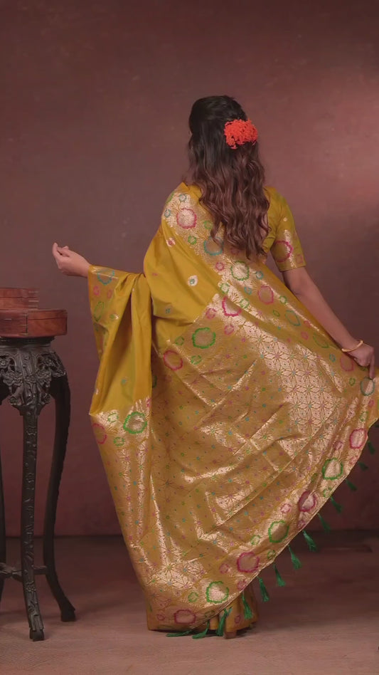 mustard golden Banarasi Silk Saree