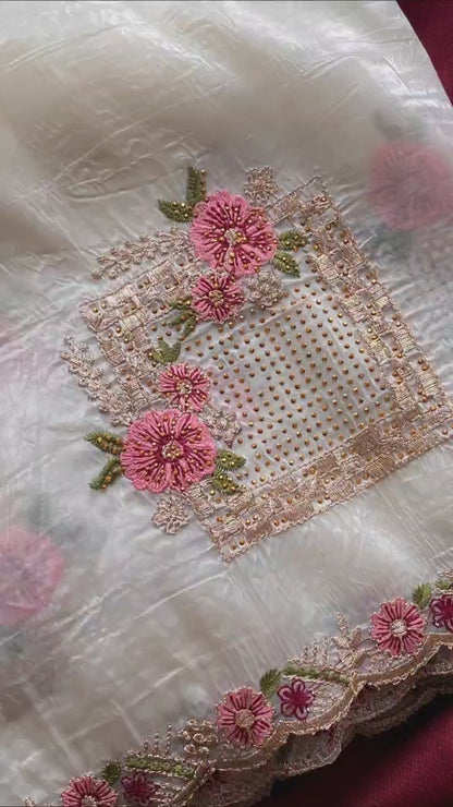 White Designer Embroidery And Siroski Work Saree