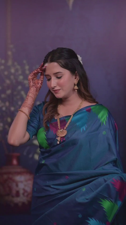 Deep teal blue Temple Border Silk Saree