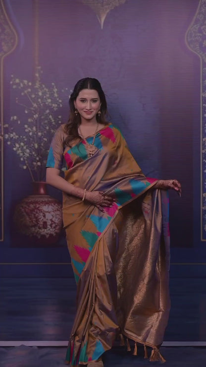 Golden beige Temple Border Silk Saree